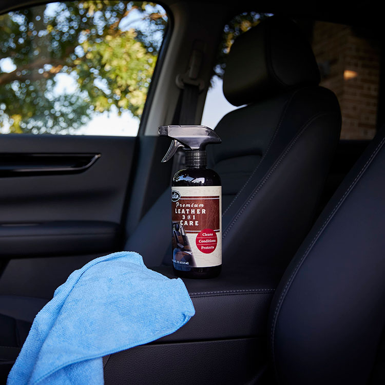 Justin Leather car seat cleaner in a vehicle with leather seats.